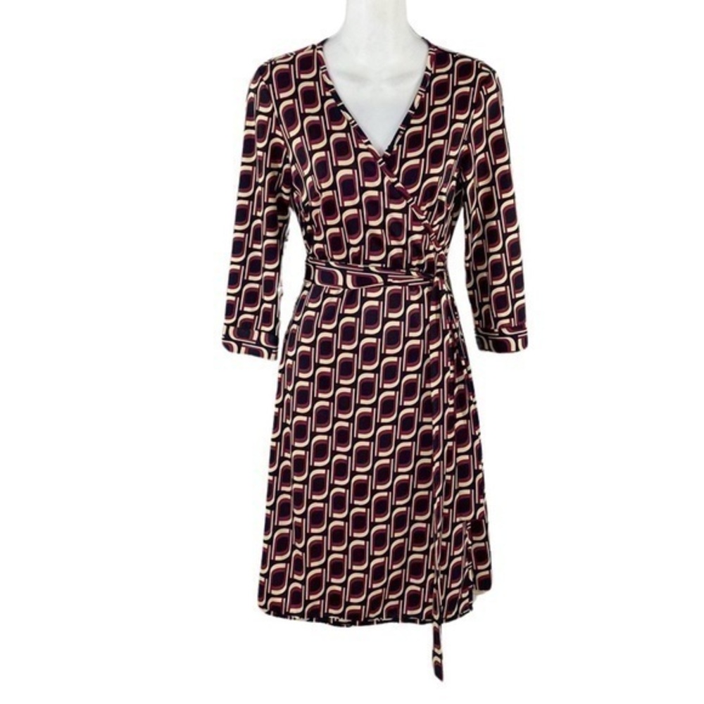 JB by Julie Brown black tan burgundy retro geo print wrap dress Small S AC6